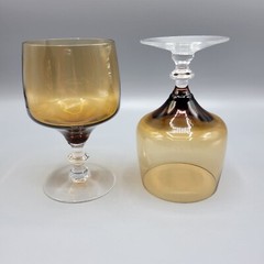 Vintage Sasaki Crystal Smoky Amber Wine Water Goblet Glasses Set Of 2 Clear Stem