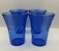 4 Hazel Atlas Royal Lace tumblers cobalt blue depression glass, 1934 to 1941.