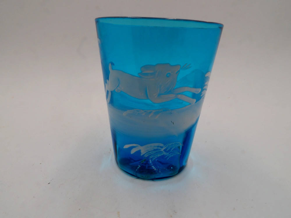 Vintage Mary Gregory? Blue Glass with Painted White Rabbit Scene