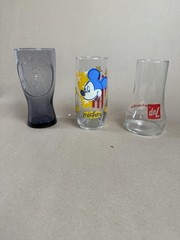 Lot Of 3 Mixed Brand Multicolor Character Tumbler Glasses Mickey 7up Retro