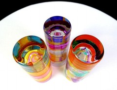 JM Signed Art Glass Multicolor Enamel Painted 3Pce Vintage 4 1/4″ Shot Glasses