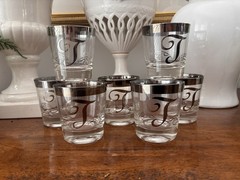 Set Of 7 Short Cocktail Glasses 3.25” Tall Monogram “T” Dorothy Thorpe Glasses