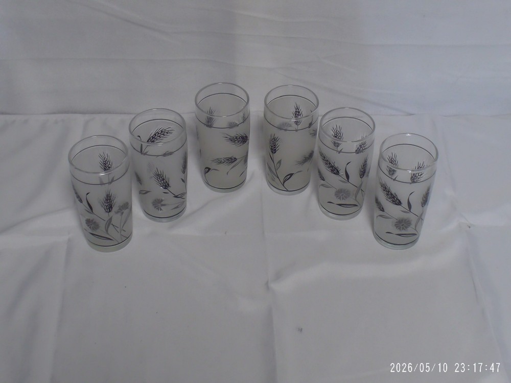 ‘Pre-Owned’ Vtg Set of 6 Libbey 4oz. Juice Frosted Silver Leaf Glasses