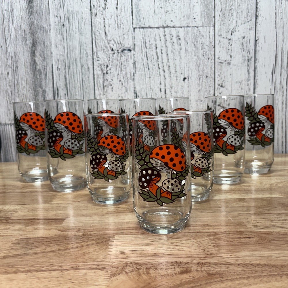 Vintage SEARS MERRY MUSHROOM GLASSES TUMBLERS set of 9
