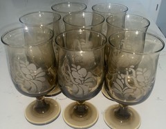 1970s Pfaltzgraff Folk Art Brown Glass Pedestal Wine Water Glasses Goblets