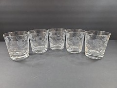 Set of 5 Vintage Crystal Engraved Etched Roses Low Tumbler Glasses