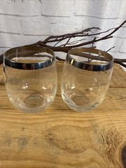 2 pc Set of MCM Roly Poly Cocktail Bar Lowball Glasses 4.25” Silver Rim