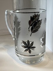 Atomic Era MCM Silver Leaf Frosted Glass Pitcher +4 Goblets VTG Cocktail Bar Set