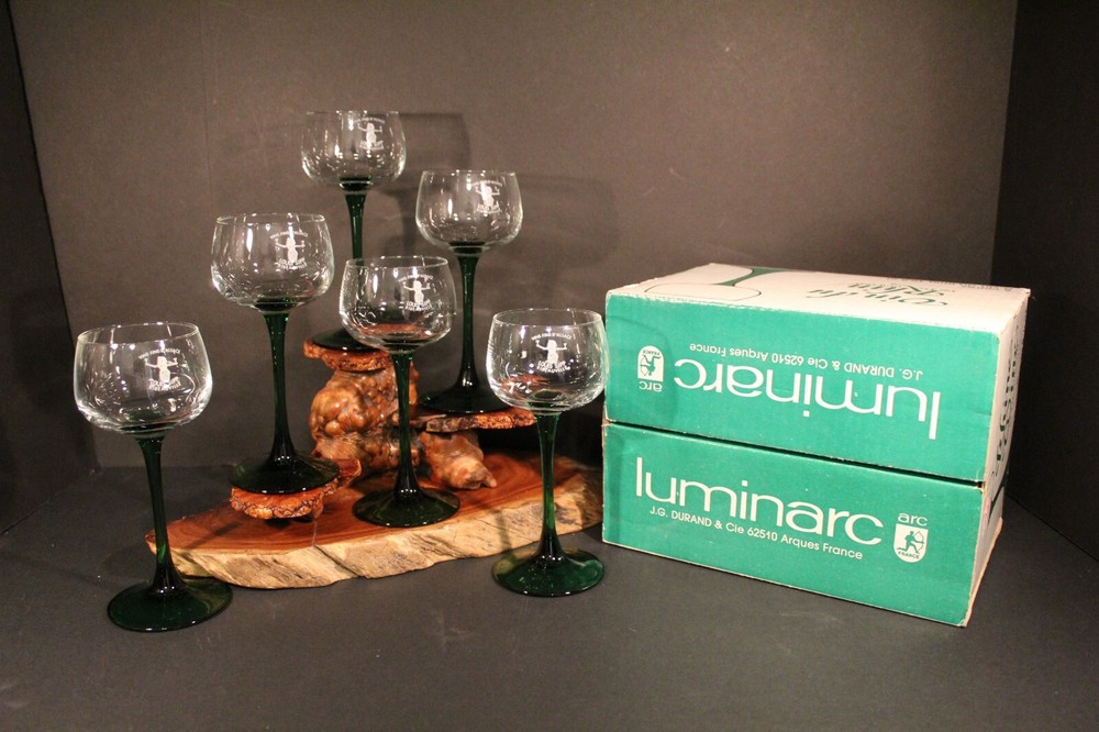 J. G. Durand Luminarc Rhine Wine Glasses, 6 Green Stemmed, Etched Louis Sipp