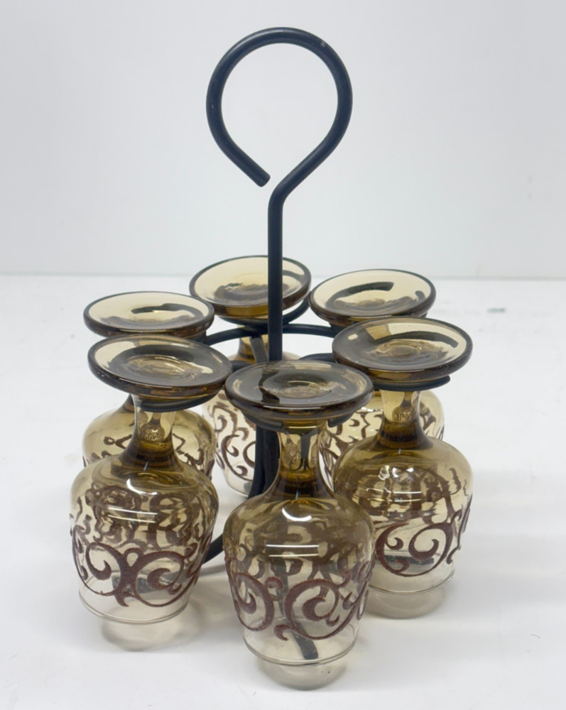 Set of 6 Libbey Prado Pattern Cordial (Shot) Glasses with Caddy