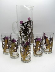 MCM GREGORY DUNCAN SIGNED PURPLE THISTLE w/22K GOLD PITCHER & GLASSES (5) SET