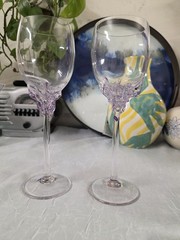 Signed Ion Tamaian Wine Glass Set of 2 Romanian Art Glass Purple Pastel Accent