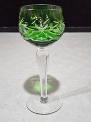 Czech Bohemian Sherry Wine Hock Glass Green Cut To Clear 6” Handblown Vintage