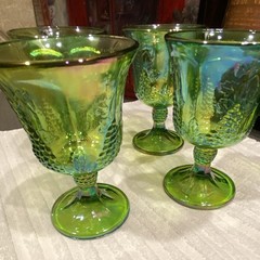 Vintage Set 4 Indiana Carnival Iridescent Lime Green Goblets~Harvest Grape~