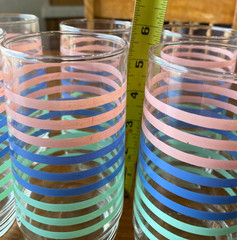 Vintage Pastel Pink Blue Green Stripe Drinking Glasses Set of 8 MCM