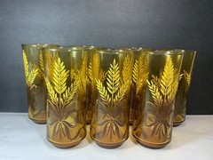 Vintage Libbey Amber Golden Wheat Ribbon Drinking Glasses Tumblers