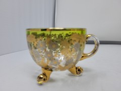 6 ANTIQUE MOSER GLASS 3 FOOTED HANDLED PUNCH CUPS WITH GILT FLORAL AND BERRIES
