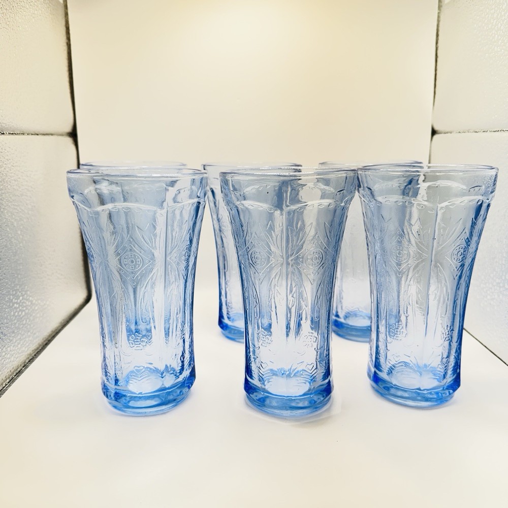 Vintage! Set of 2 Indiana Madrid Recollection Blue Glass Tumblers 6 1/2″ Tall