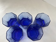 Libbey Facets Blue Old Fashioned Glasses Set Vintage Octagon Texture LOT OF 5