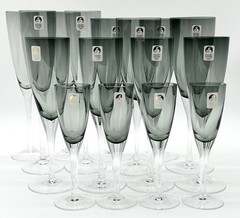 Sasaki Crystal 16 Piece Set Champagne Wine Goblet & Aperitif For Four Smoke Gray