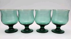 4 Vintage Libbey Tulip Juniper Footed On the Rocks Glasses Green w/Gold Rim