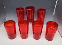 Set of 7 Red Art Glass Hand Blown Tumblers Drinking Glasses 5.75″ T Rough Pontil