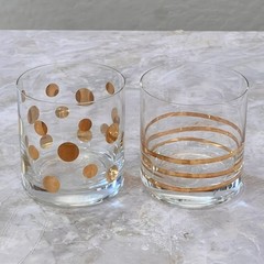 Set of Two Drinking Gl Set of Two Drinking Glasses 4″ Gold Polka Dot and Striped