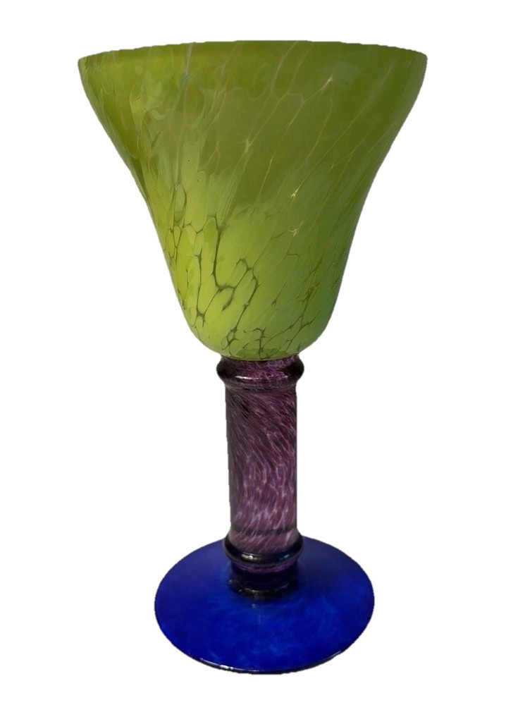 Handblown Art Glass Wine Chalice Bold Lime Green Purple Royal Blue