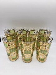 Culver Prado Green Gold High Ball Vintage Drinking Glasses Tumblers Set of 7 MCM