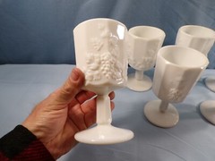 Set of 7 Westmoreland Milk Glass Paneled Grape Water Goblets