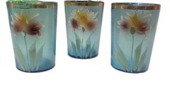 Antique Victorian Set Of 3 Cups Sugar Blue Glass Hand Painted Flower Circa 1900