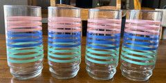 Vintage Pastel Pink Blue Green Stripe Drinking Glasses Set of 8 MCM