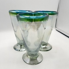 Three Hand Blown Stemware V-Shaped Glasses All Iridescent Green & Blue Band