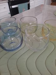 Vintage MCM Set Of 8 Pink-Blue-Yellow-Green-Clear Iridescent Roly Poly Glasses