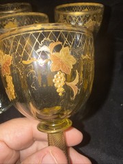 Set Of 5 Roman/ Wine Glass Trumpet Foot Grape Gold Decor Hand Painted Amber Glas