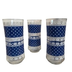 3 Vtg Libbey Tumbler Glasses Blue White Polka Dot Lace 12oz Picnic Summer Retro