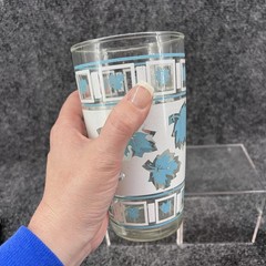 2 Hazel Atlas XL Blue & White 24oz Retro Falling Leaves Tumbler Glasses Shakers