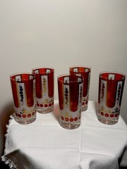 Set 5- 1960’s Cora Glass Cranberry Gold Fleur de Lis Tumblers Highball Glasses