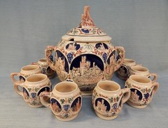 Vintage German Castles Punch Bowl with 8 Cups and Lid Scenic Castle Images