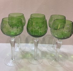 Six (6) Crystal Hock Wine Glass Green Cut-to-Clear Etched Grape 8.25″ Stems