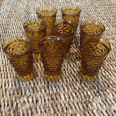 Set of 8 VTG Indiana Whitehall Colony Cubist Amber Glass Footed Iced Tea Tumbler