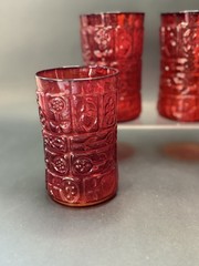 4 Bryce Hand Blown Glasses Red Flower #1325 Barware 1960s MCM UV GLOW