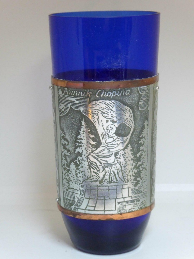 Vintage Polish PRL Cobalt Blue Glass Tumbler Warsaw Landmarks Metal Sleeve