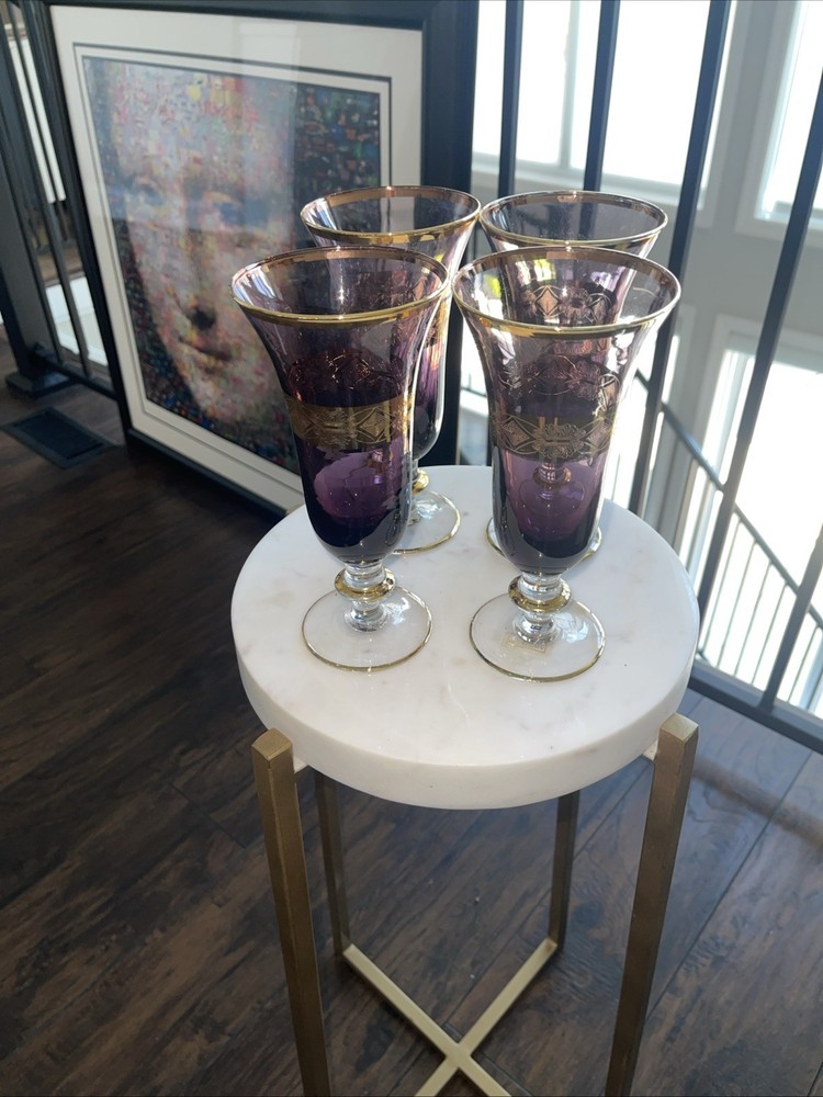 Set of 4 Interglass Amethyst 24 Karat Gold Encrusted Champagne Flutes