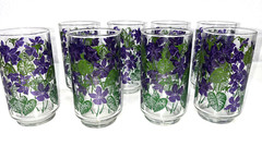 Set Of 8 Libbey Glasses Vintage Tumblers Purple Violet Flowers Green Leaves – 5″