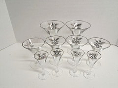 Set of 10 Vintage Elegant Stemware Martini/Coctail Glasses Silver Trim