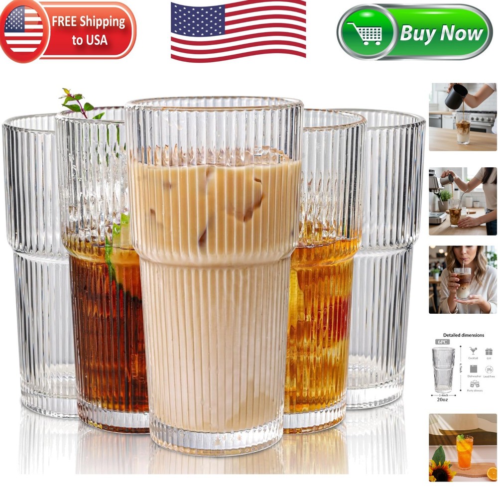 Luxury Set of 6 20oz Clear Glass Tumblers – Fluted Design for Home Entertaining