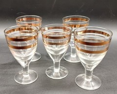 Vintage Mid-Century Cordial Glasses – Set of 5 – Gold Band & Stripes CRYSTAL