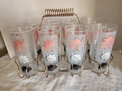 MCM 8 Frosted Libbey Pink/White Foliage Tumblers/Glasses w/ Metal Carrier