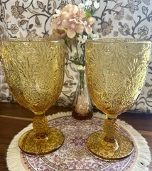 Vintage Amber Pineapple Goblets Set of 2 Pressed Glass Tropical Tiki Barware